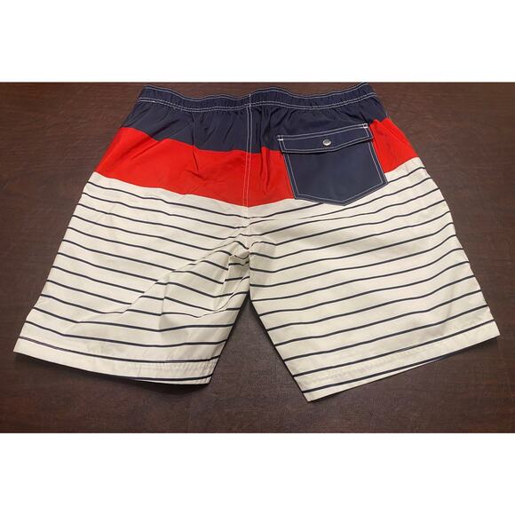 Lands End Red White Blue Stripe Swim Trunk Shorts Pockets Built-in Brief Large - Picture 2 of 11